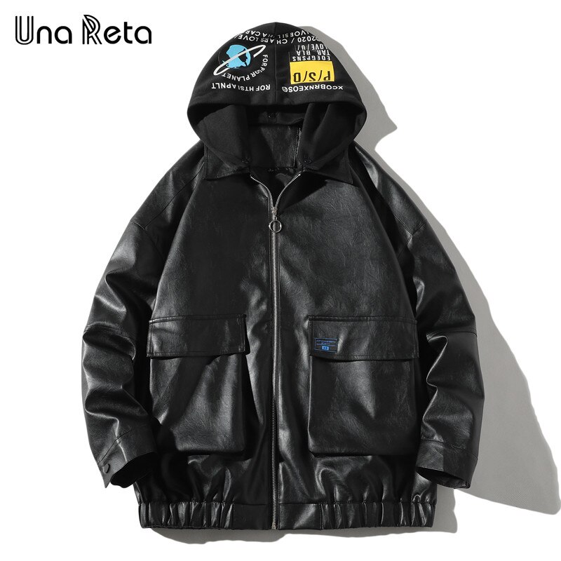 Una reta pu skinnjacka herr höst dragkedja streetwear herr skinnjacka tryck luva svart kappa hip hop biker jacka: Xl