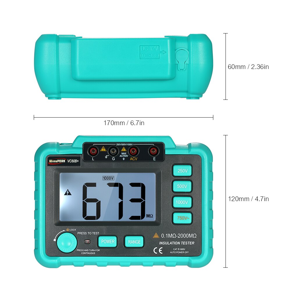 VC60B + Digitale Isolatieweerstandstester 250/500/1000V Dc Lichtgewicht Brede Range Lcd Backlight Megger Megohm meter