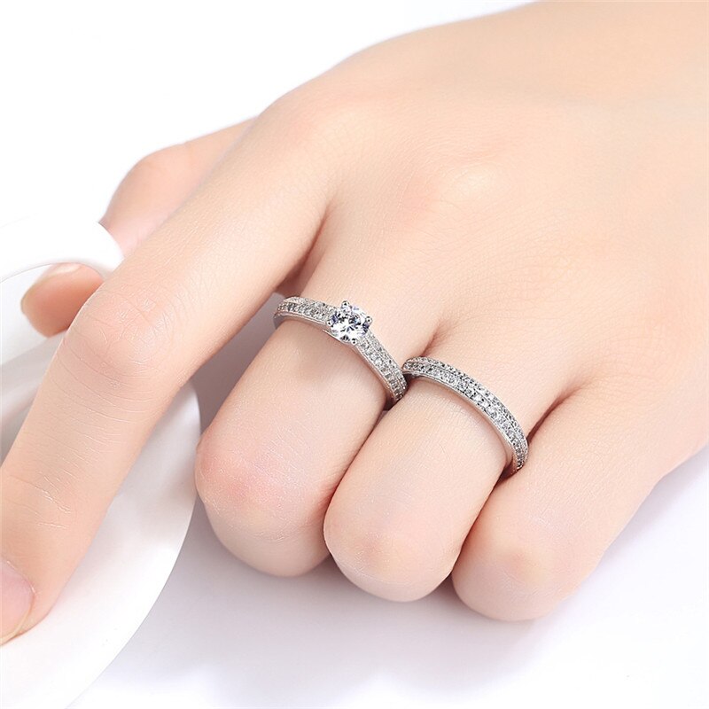 CC Lovers Jewelry 925 Silver Rings For Women Bridal Wedding Engagement Double Couple Simple Set Ring CC634