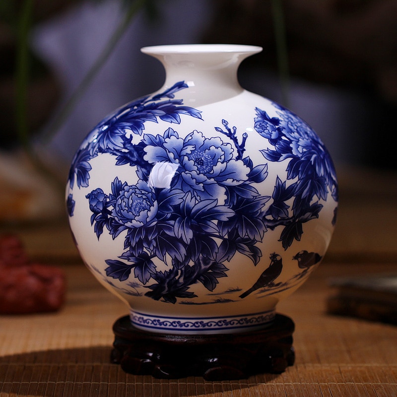 Jingdezhen Blå og Hvit Porselensvase - finne Benporselensvase med Peon - Keramikkvase