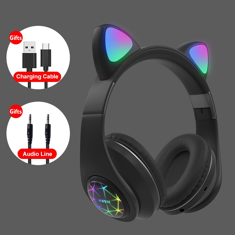 Cat Ear Wireless Headphones fone ouvido bluetooth With RGB Flash Light Bluetooth 5.0 Young People Kids Girls Headset For phone: Black