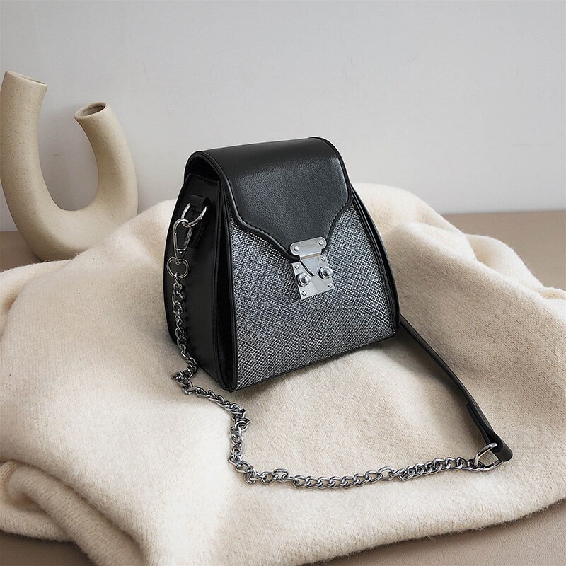 Contrast color Bucket bag PU Leather Women's Handbag Lock Chain Shoulder Messenger Bag: black