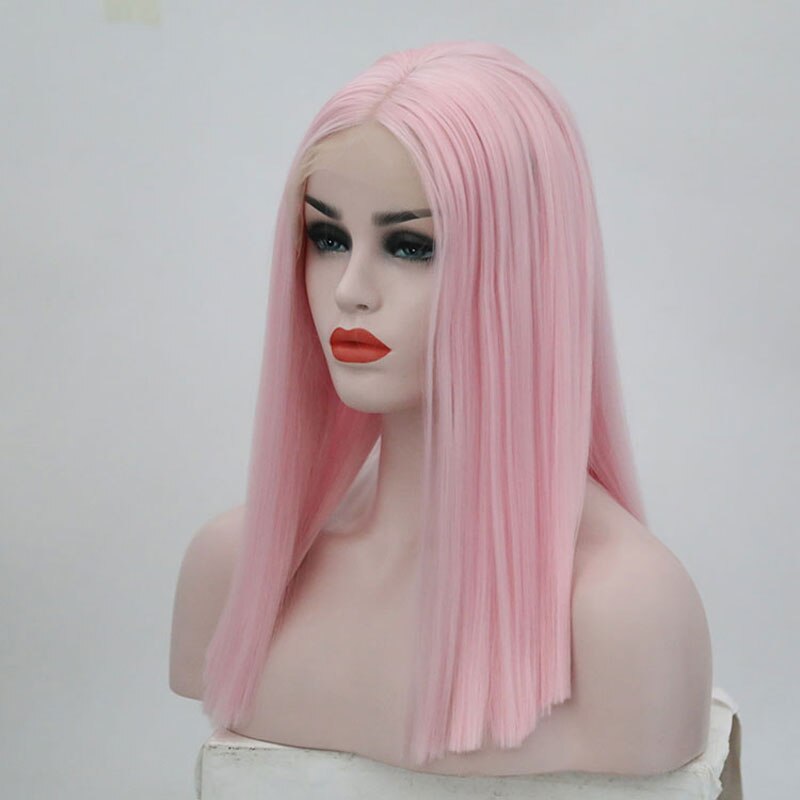 Bombshell pink kort lige bob syntetisk hår blonder front paryk limfri varmebestandigt fiber hår midterskilning til kvinder parykker