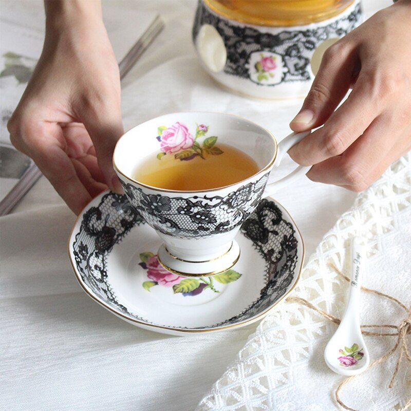 British Afternoon Tea Coffee Cup Set Bone china Cake pan Heat-resistant Glass Teapot Heating Flower Tea set Kitchen Accessories