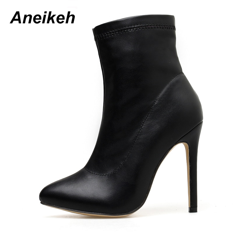 Aneikeh vår/höst pu lack chelsea ankelboots spetsig tå damstövlar tunna klackar partystorlek 41 42