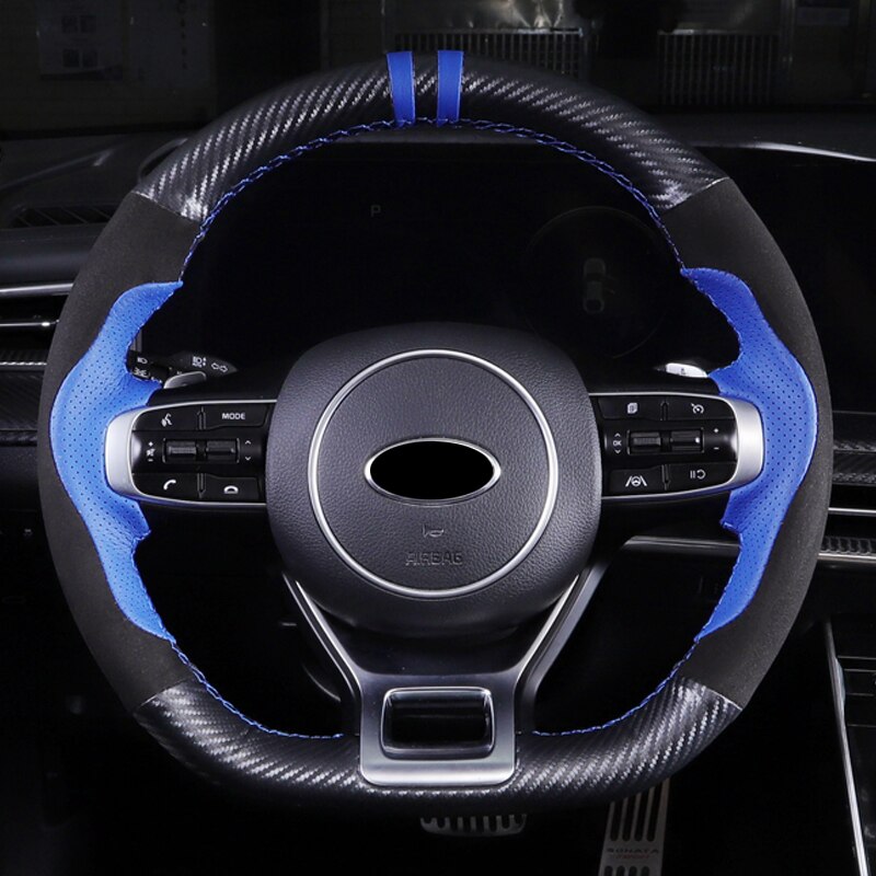 Hand Genaaid Stuurhoes Gemodificeerde Lederen Sport Grip Cover Speciale Interieur Decoratie Voor Kia K5 Auto Accessoires: Blue Carbon Fiber