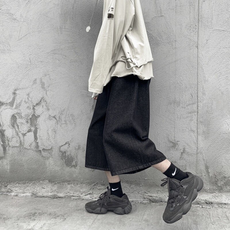 Sommar korta jeans herr casual retro raka jeans herr streetwear vild lös hiphop dragsko jeansbyxor herr
