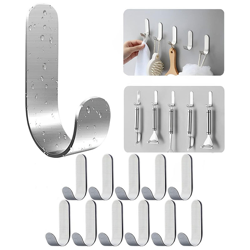 Ganchos adhesivos de Metal y acero inoxidable, ganchos de pared, gancho en J, soporte para llaves, gancho de pared autoadhesivo para ducha y cocina, 2/10 Uds.