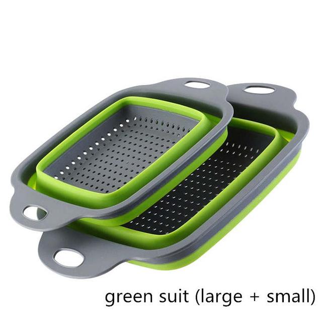 2 stuks siliconen opvouwbare zeef, afvoermand, fruit, groentewasbakje, keukengereedschapsets, vierkante organizer, opberger: Groene set
