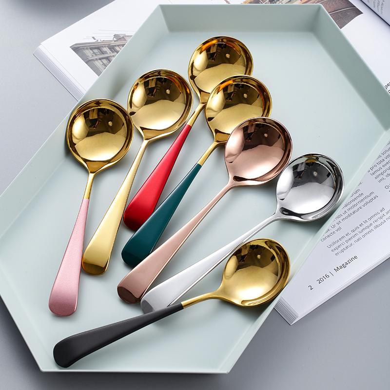 Colorful Soup Spoon 304 Stainless Steel Dinner Spoon With Long Handle Big Cooking Food Scoop For Kitchen Tableware