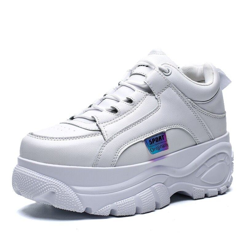Tyk sål kvinder sneakers læder platform kvindelige fritidssko chunky sneakers efterår vinter kvinder creepers  xu128: Hvid / 8.5