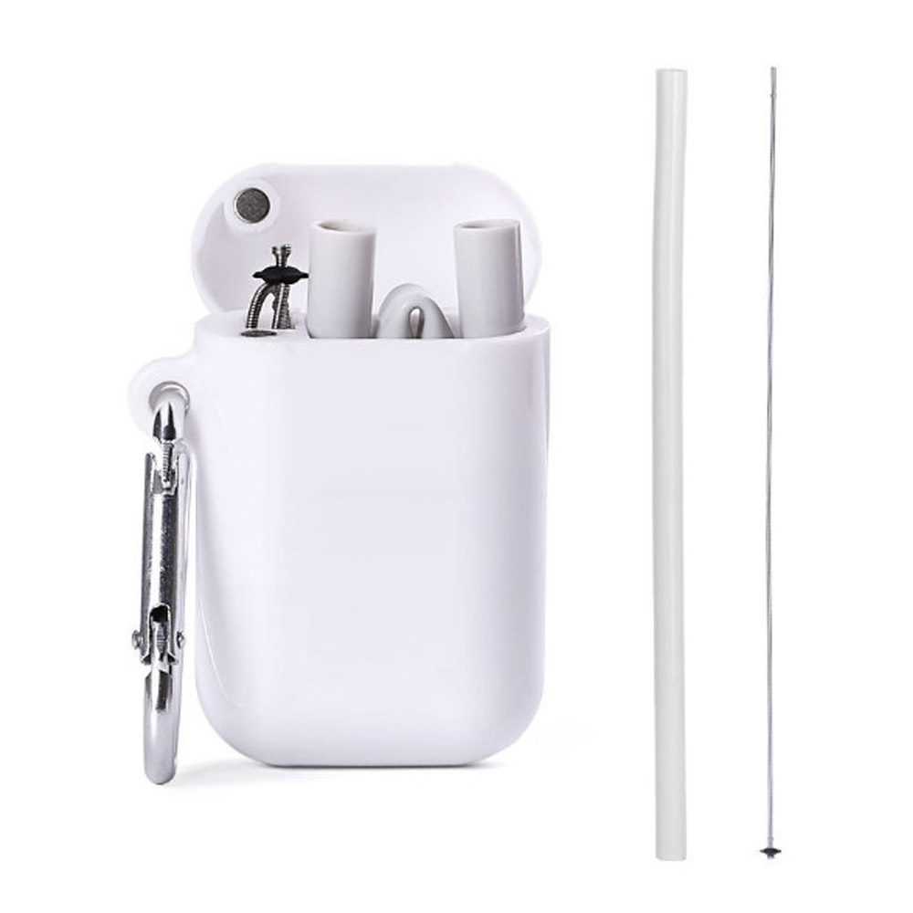 Reusable Food Grade Silicone Straw Outdoor Portable Foldable Drinking Straw With PP Luxury Carrying Case and Cleaning Brush: Grey
