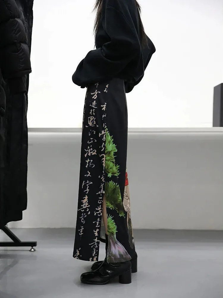 Faldas con estampado negro Tie Dye de estilo japonés para Mujer, Falda larga dividida acampanada, ropa de calle Harajuku, Faldas góticas para Mujer Y2k Saia Fairycore