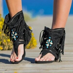 Sandalias Retro con flecos y flores para mujer, zapatos informales de playa, chanclas de verano,: Black A / 39