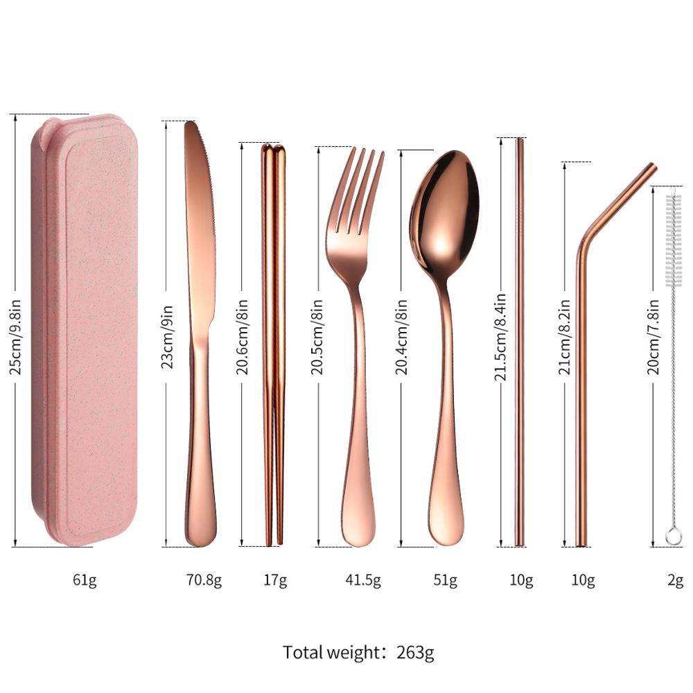 Food Grade 304 Stainless Steel Cutlery Set Silverware with Metal Straw Knife Fork Spoon Chopsticks 8Pcs Portable Travel Flatware