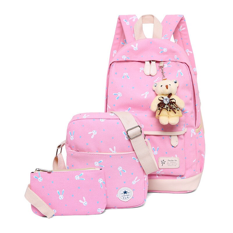 3Pcs/set Women Backpack School Bags Rabbit print Laptop Backpacks With Bear for Teenagers Girls Travel Bag Rucksacks Mochila: Pink