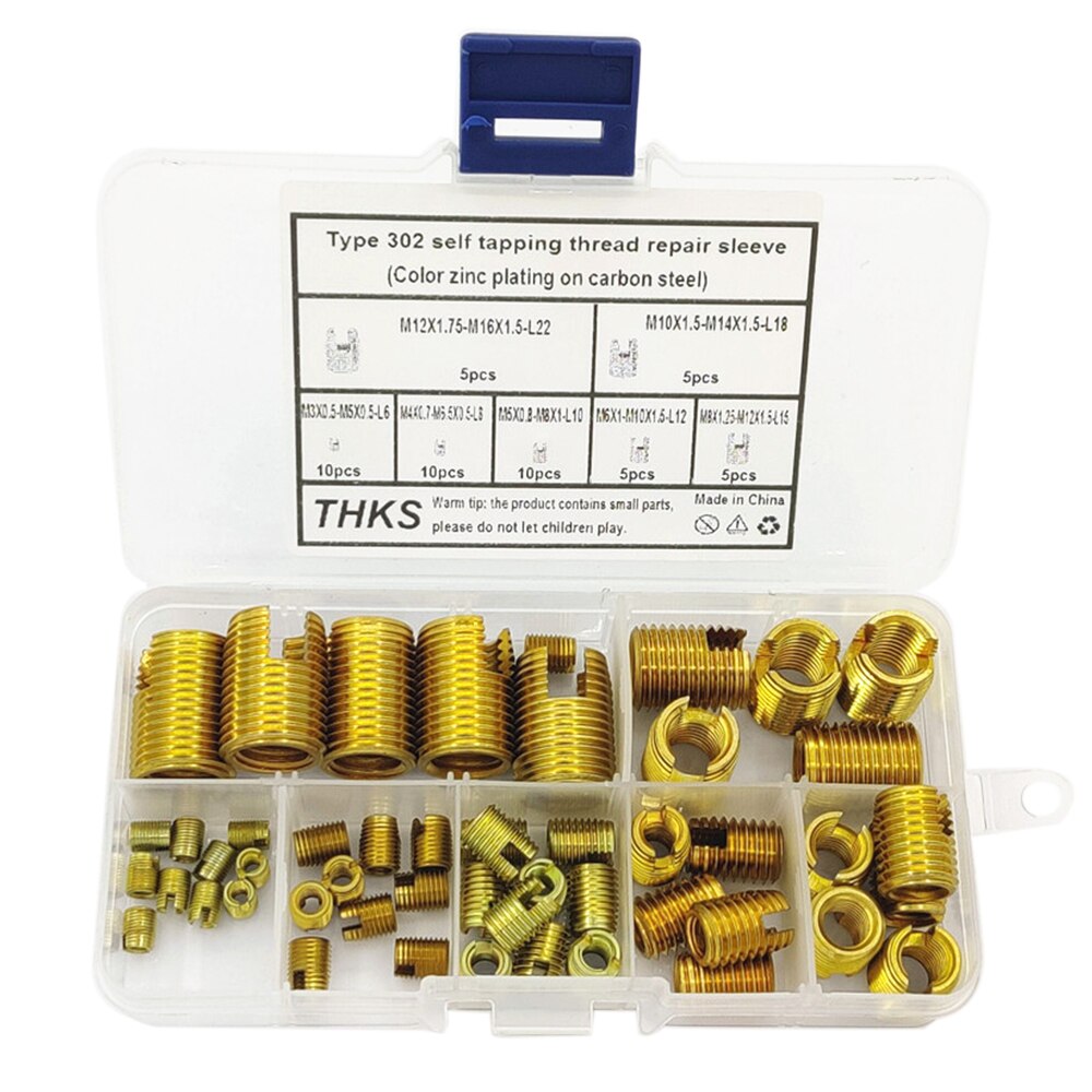 50Pcs Self Tapping Slotted Thread Insert M3-M12 M4 M5 M6 M8 M10 Carbon Steel Thread Repair Insert Combination Set Assortment