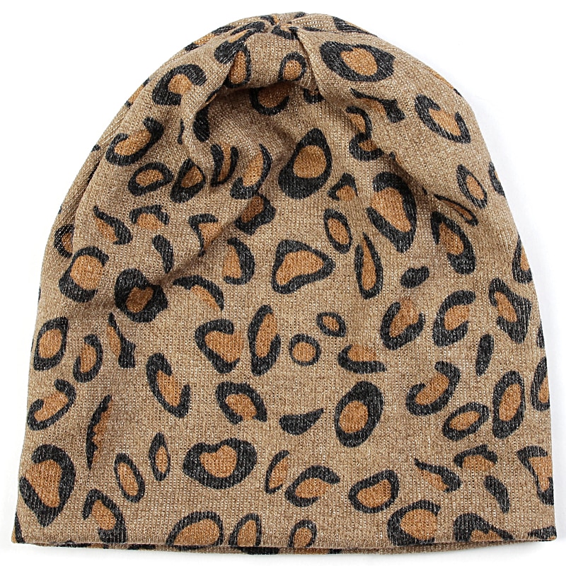 Geebro dam mössa randig kvinnlig mössa skullies casual polyester bomull leopard halsduk keps höst vinter varma mössor: Kaki