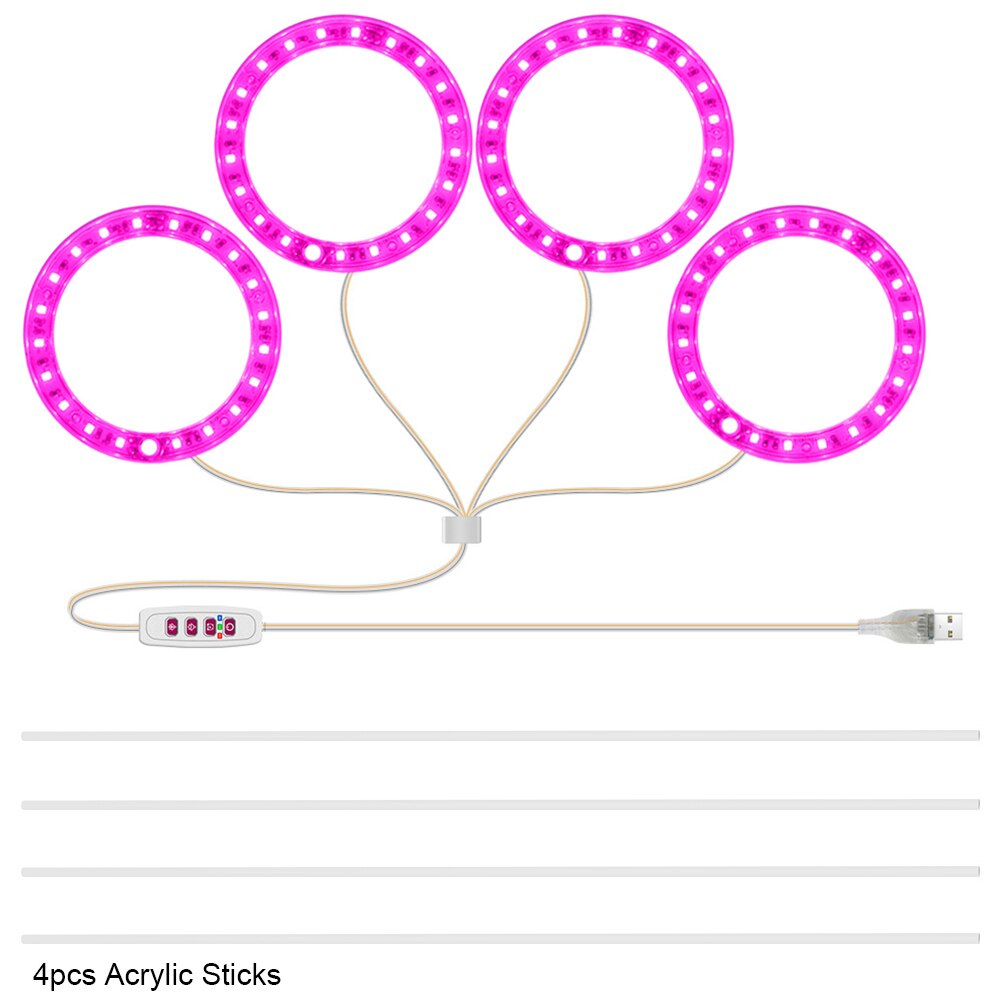 5V LED Grow Light 8/12/16H Timer USB Phyto Lamp Three Angel Ring Full Spectrum Phyto Lamp for Indoor Plants Flowers Growth Light: Pink 4 Rings