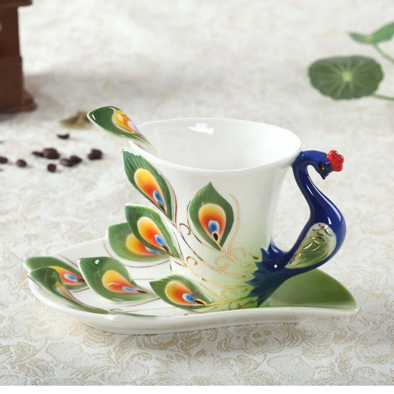 Taza de pavo real esmaltada de Color de cerámica con plato de café té beber agua tazas artesanales decoración creativa cumpleaños de San Valentín