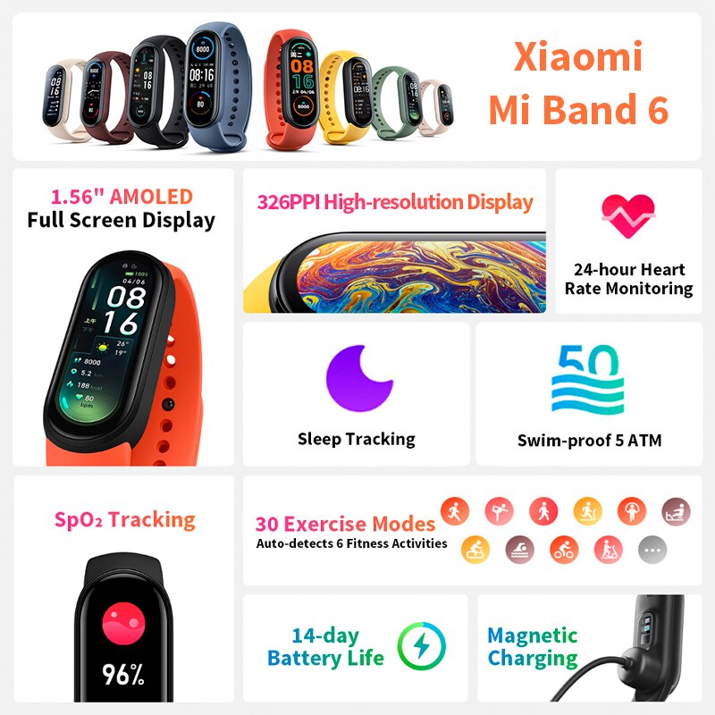 Global Version Xiaomi Mi Band 6 Smart Bracelet Blood Oxygen Heart Rate Miband 6 Fitness Traker Bluetooth Waterproof Smart Band