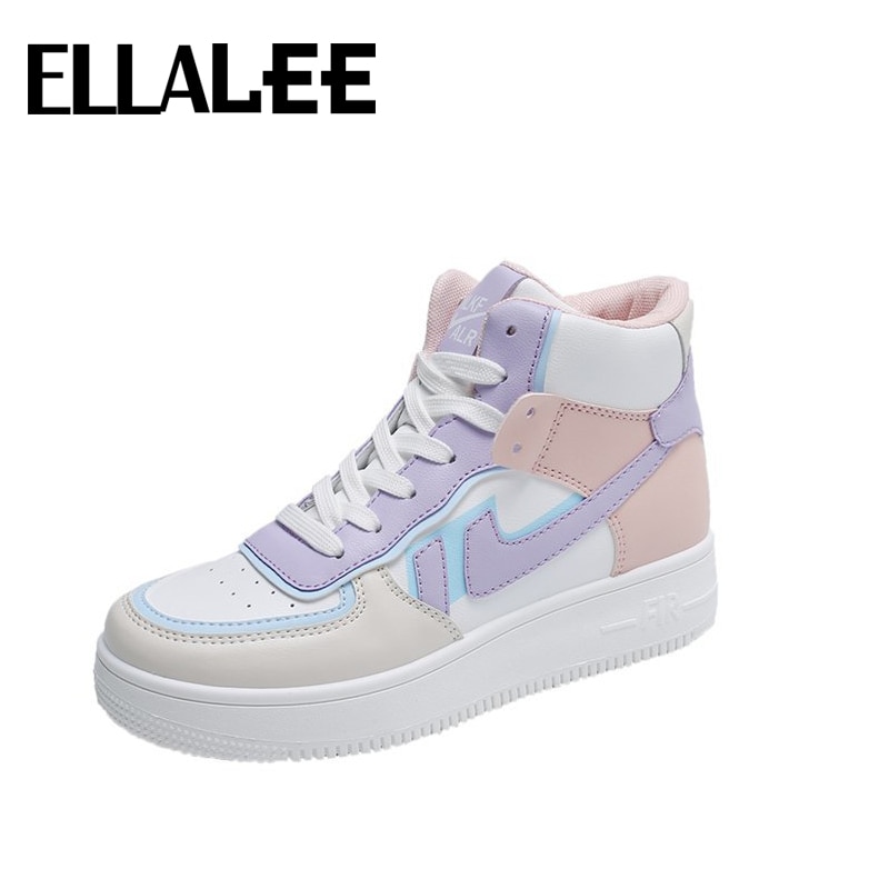 Dame sneakers pu slik farve rund tå snøre høj top board sko hip-hop afslappet kvinder moderigtige sportssko ins trend