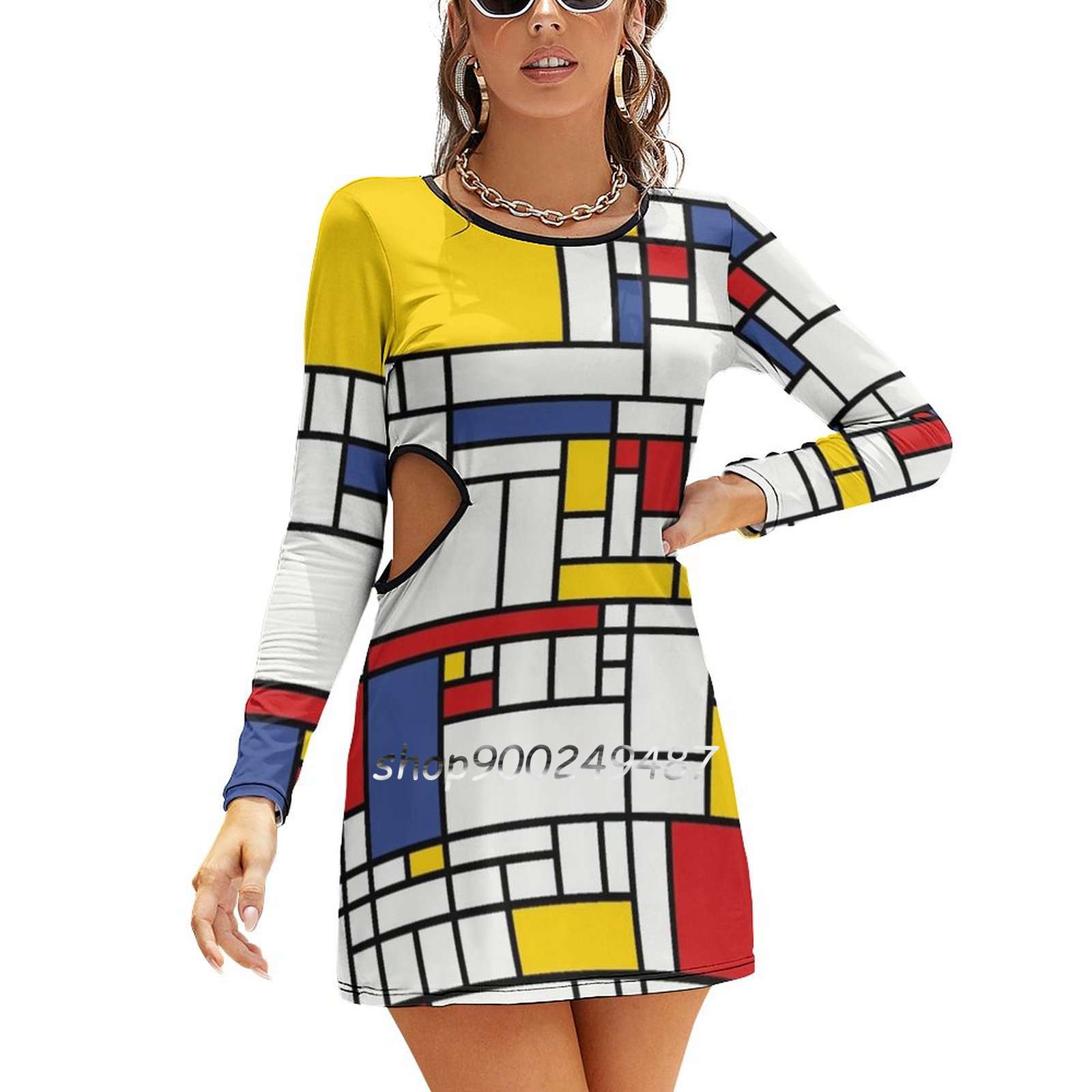 Piet Mondrian Square Neck Dress Cute Loose Print Dresses Beach Party Dress Piet Mondrian Mondrian Piet Mondrian Art The: M / green