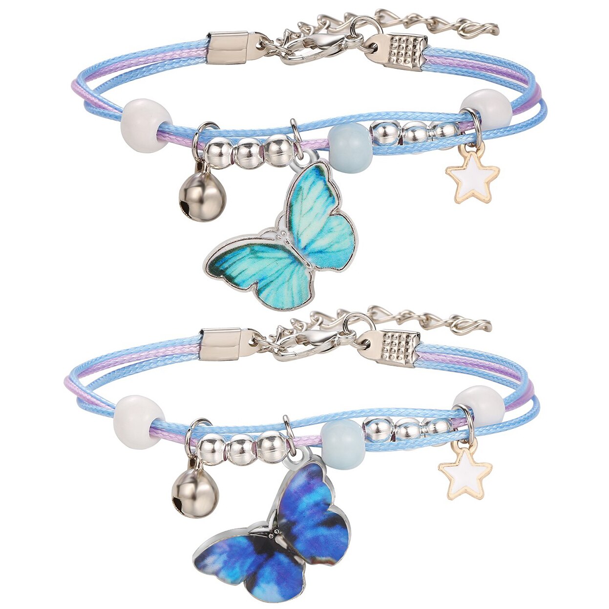 Blauwe Vlinder Hanger Armband Parel Bells Spacer Kralen Stars Charms Armbanden Vrouwen Meisjes Verstelbare Karabijn Kettingen