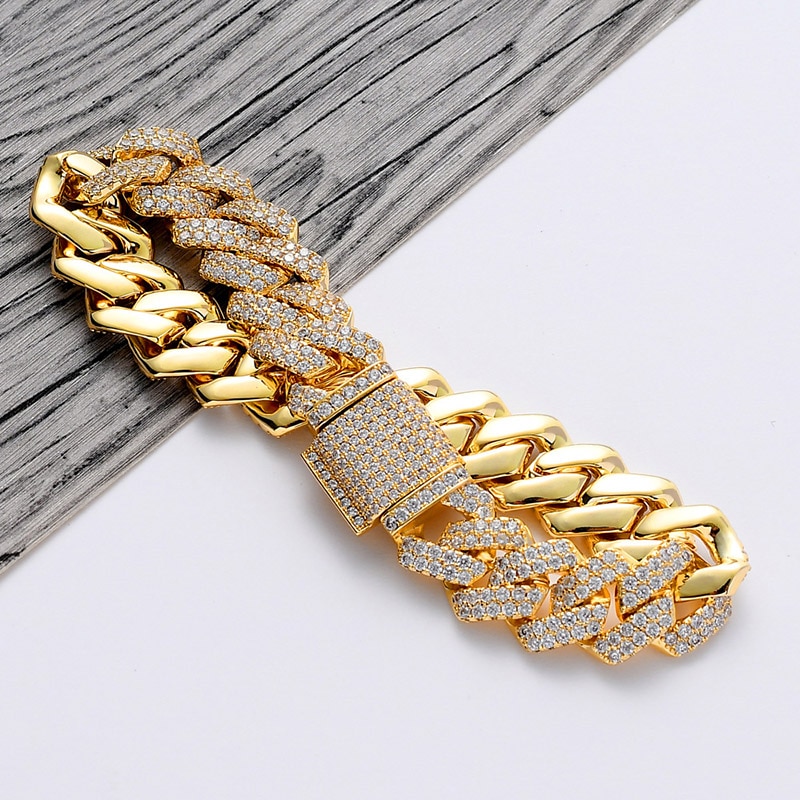 13Mm Wide Hip Hop Aaa Cz Steen Verharde Bling Iced Out Vierkante Cubaanse Miami Link Chain Armbanden Bangles Voor mannen Rapper Sieraden Goud