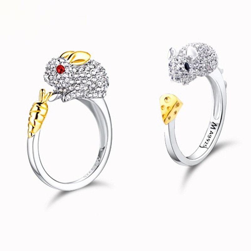Koper Plated Crystal Mooie Hond Varken Konijn Aap Ingelegd Dier Ringen Vrouwen Meisje Opening Ring Wedding Party Sieraden