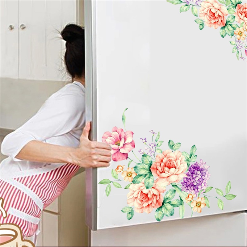 Kleurrijke Bloemen 3D Muurstickers Mooie Pioen Koelkast Stickers Garderobe Toilet Badkamer Decoratie PVC Muur Sticker
