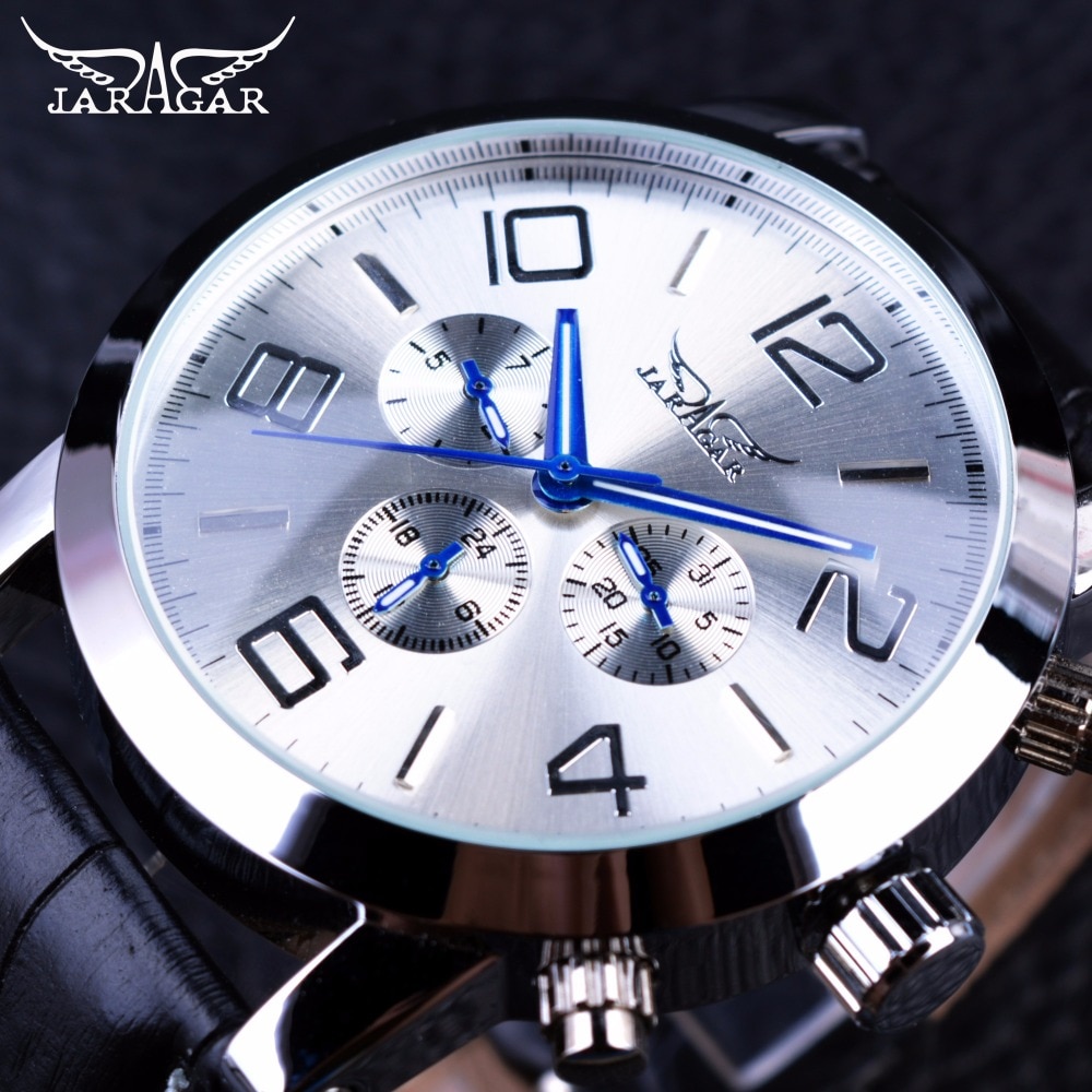 Jaragar 6 Blauwe Handen Display Mode Silver Case Mannen Horloges Topmerk Luxe Lederen Band Automatische Polshorloge