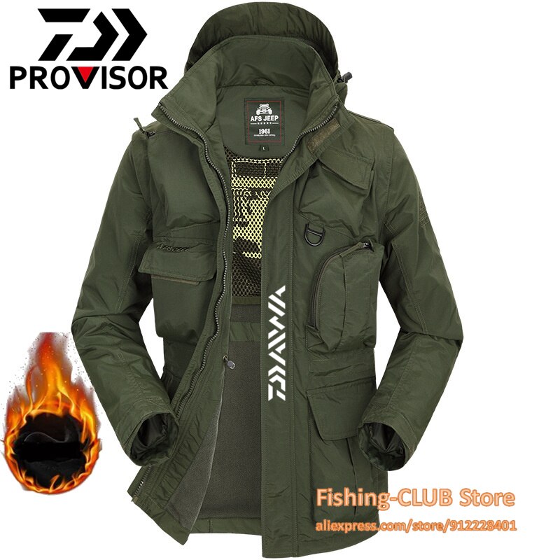 DAIWA Waterproof Fishing Clothes Removable Sleeves Vest Fishing Shirt Multi-pocket Winter Fishing Jacket Clothing Hiking suit: L / Army Green