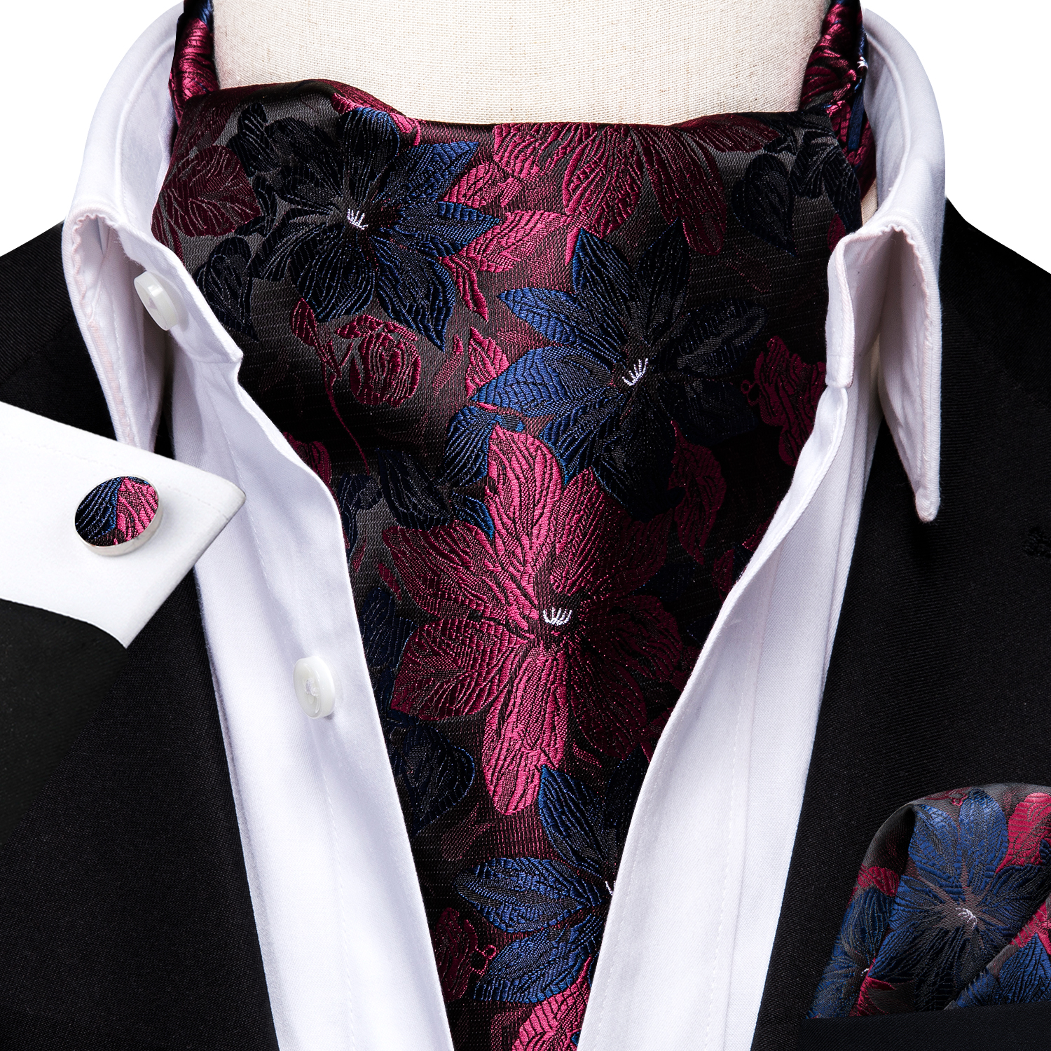 Hi-Tie Silk Mens Ascot Pocket Square Cufflinks Set Jacquard Paisley Floral Vintage Cravat Tie for Male Red Blue Green Gold Pink: khaki