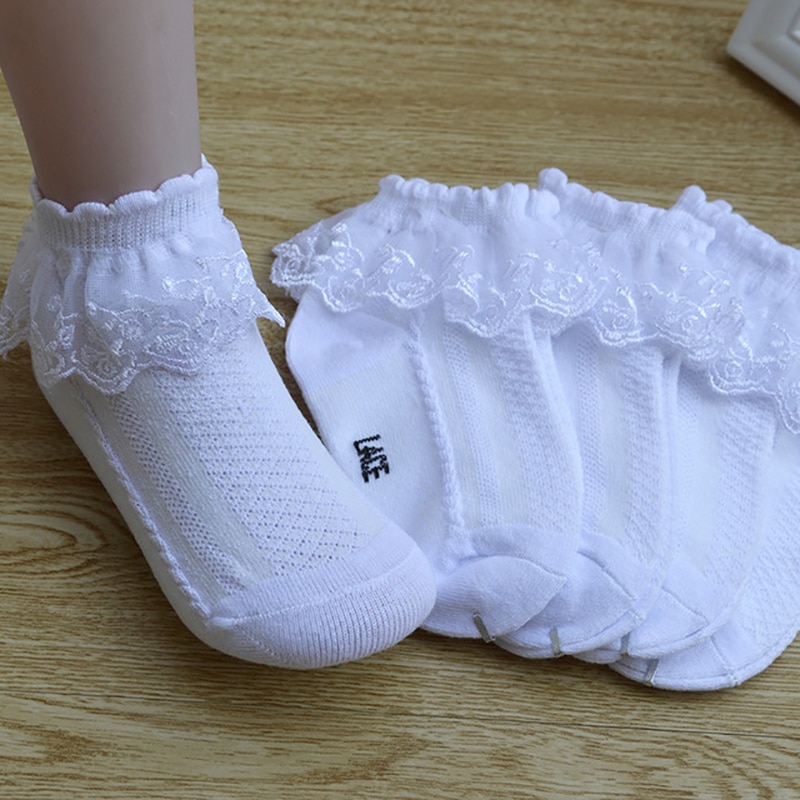 USHINE Love06 Breathable Cotton Lace Ruffle Princess Mesh Socks Baby Ankle Short Sock White Pink Yellow Baby Girls Kids Toddler