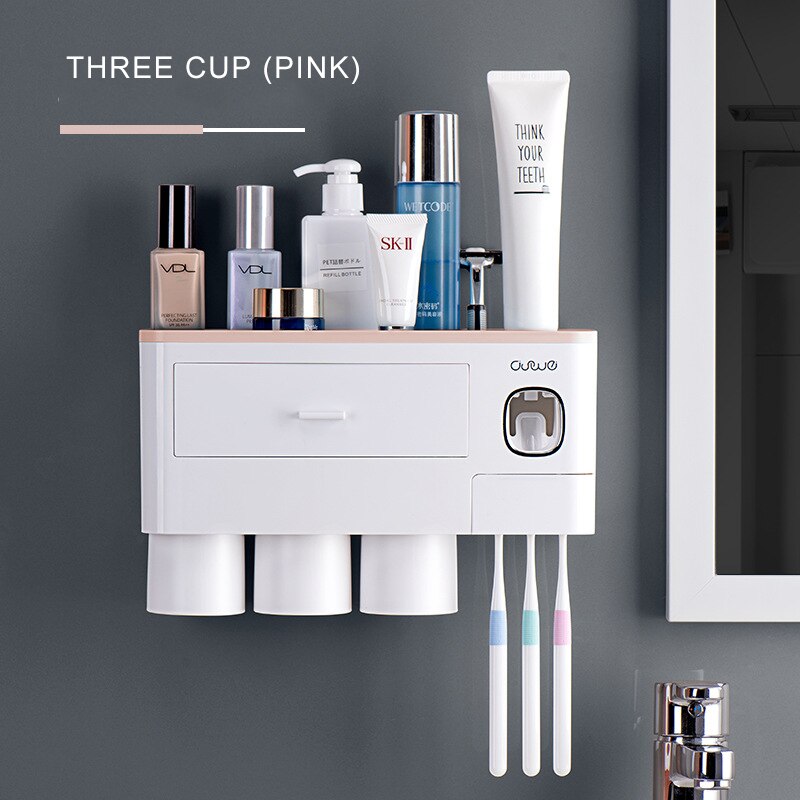 Bathroom Accessories Set Magnetic Adsorption Inverted Toothbrush Holder Automatic Toothpaste Dispenser Squeezer Storage Rack: Three Cups Pink