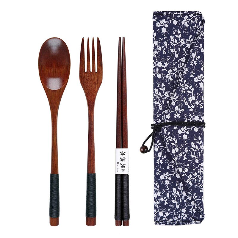 Houten Lepel Vork Eetstokjes Set Draagbare Outdoor Bestek Set Japanse Stijl Servies Set Lange Steel Lepel Houten Servies: Black Blue Pouch
