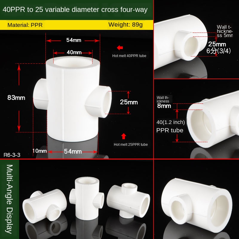 PPR Pipe Variable Diameter Four-way Joint 20/25/32/40/50/63/75 Turn 1/2 Inch 3/4 Inch 1 Inch PPR Water Pipe Fittings: 40-25 Reducer