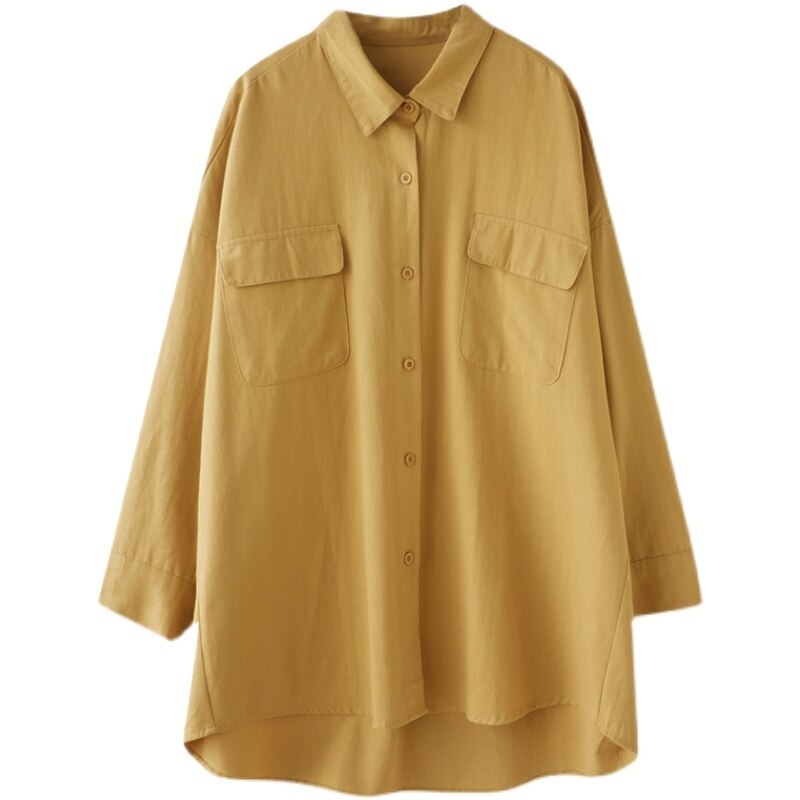 Camisa holgada de algodón de estilo chino para mujer, camisa de manga larga con botonadura única, blusas Vintage para mujer, Tops caqui, amarillo y marrón #9165