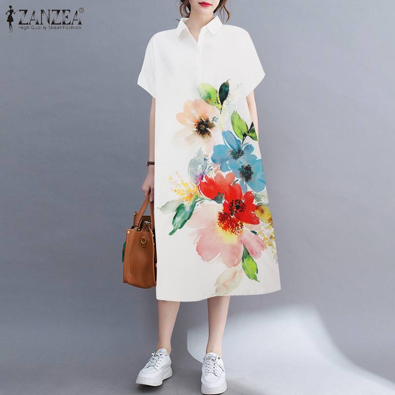 2023 sommer Kurzarm Midi- Vestidos ZANZEA lässig Gedruckt verlieren Laple Geschmack hoch Sundresse Übergroßen OL Frauen Kleider: XXXL / MULTI