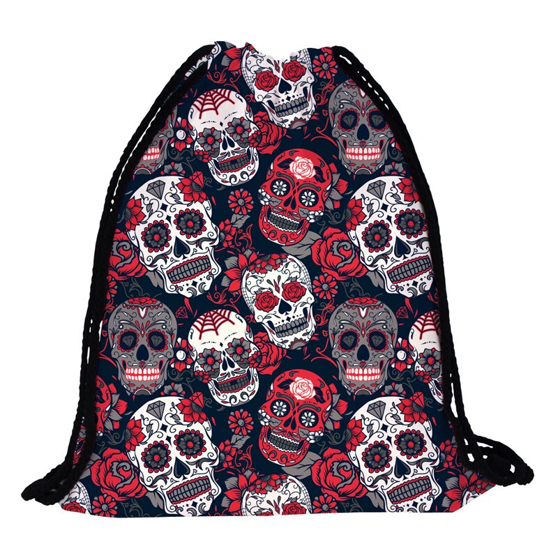 Jomtokoy skull printing dragsko väska kvinnor polyester string dragsko ryggsäck