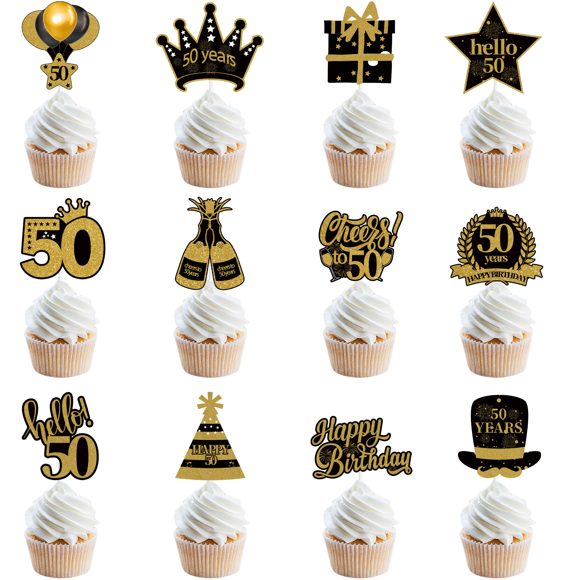 30 40 50 60 Years Old Cupcake Toppers Black Gold Cake Picks Adult Birthday Anniversary 30th 40th 50th 60th Birthday Cake Decor