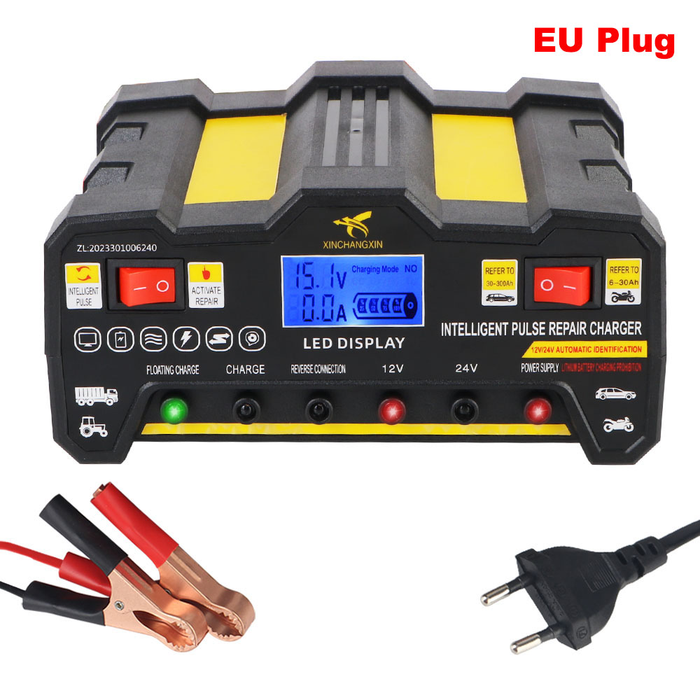 600W Auto-acculaders 12V 12A / 24V 9A Uitgang Snel opladen Intelligente automatische pulsreparatie Batterijlader US EU-stekker: Army Green