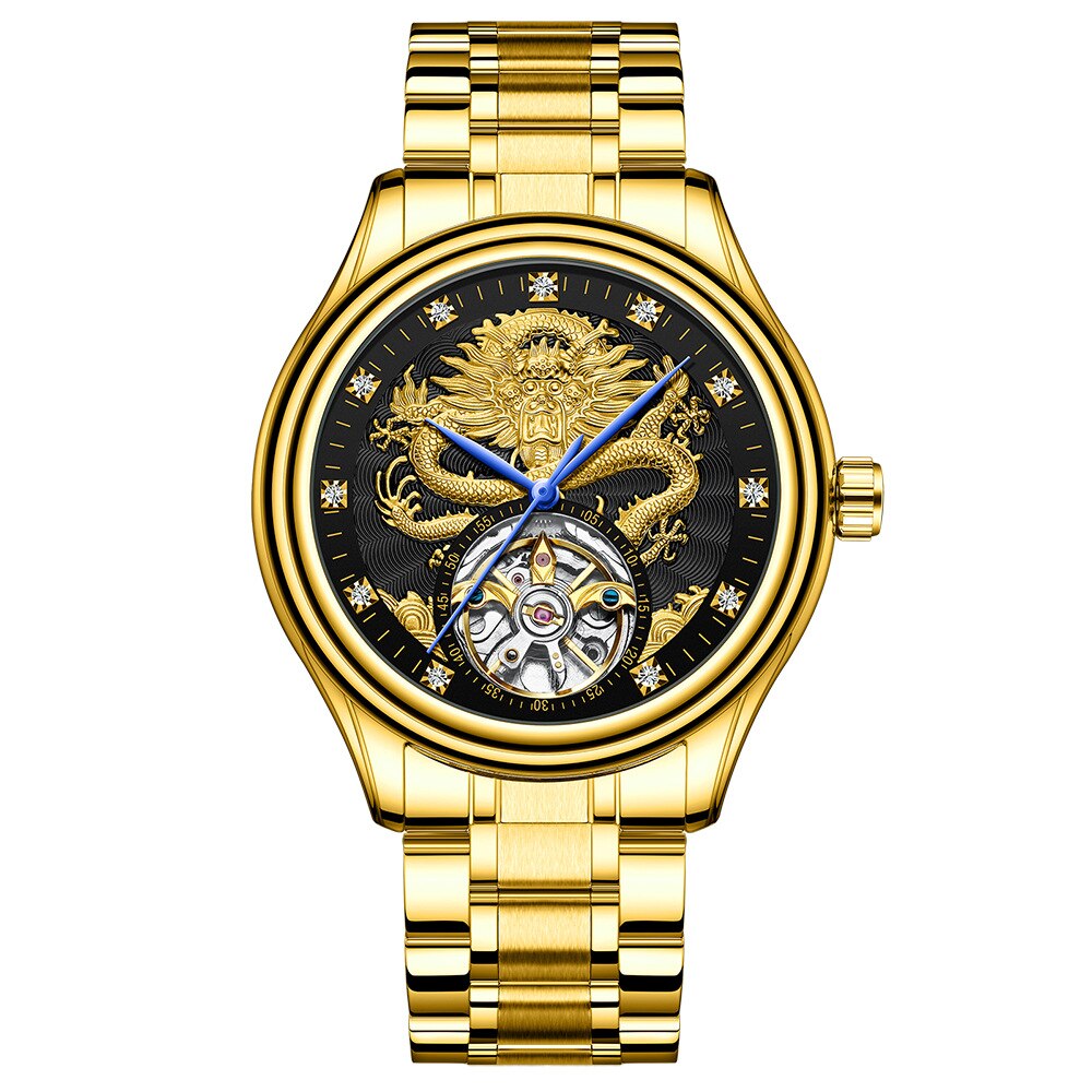 FNGEEN Luxus Männer Automatische Mechanische Uhr Wasserdicht Gold Drachen Uhren Für Männer Edelstahl Tourbillon Relogio Masculino: Gold Schwarz