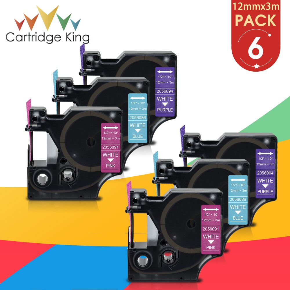 6PK 12Mm Zwart Op Wit Glitter Label Tape Vervangen Dymo D1 45021 45013 2056121 2056091 2056094 2056098 Voor Dymo labelmanager 160: 6 Color-3