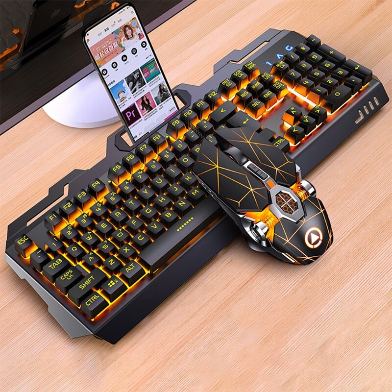 104Keys RGB Aluminum Alloy Gaming Keyboard and RGB Gaming Mouse Set with Mobile Phone Stand Function Key