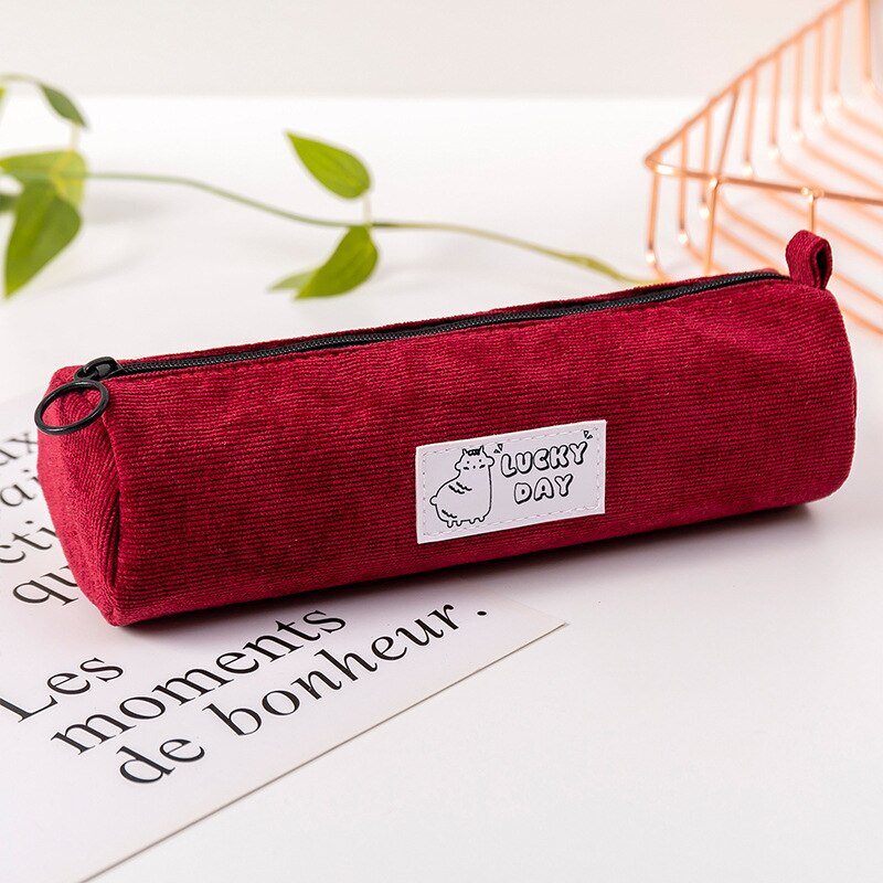 Korean School Pencil Case Kawaii Pen Case for Girls Boys Corduroy Zipper Pencilcase Stationery Cute School Office Supplies: red