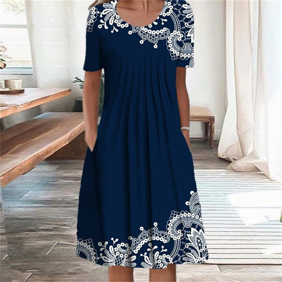 Vestido elegante feminino casual temperamento vestido feminino manga curta vestidos soltos férias de fim de semana: XL / Azul marinho