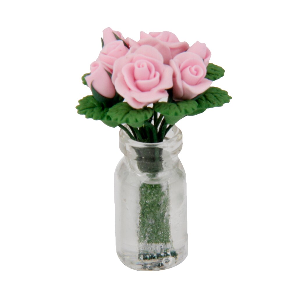 1/12th Miniatue Bunch Pink Rose Flowers In Glass Vase Dolls House Decoration