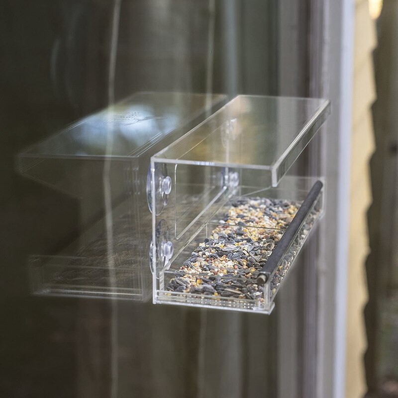 Comedero de ventana para pájaros con 4 bandejas de semillas súper fuertes ventosas y deslizantes, comederos de pájaros grandes y transparentes de acrílico para exteriores,